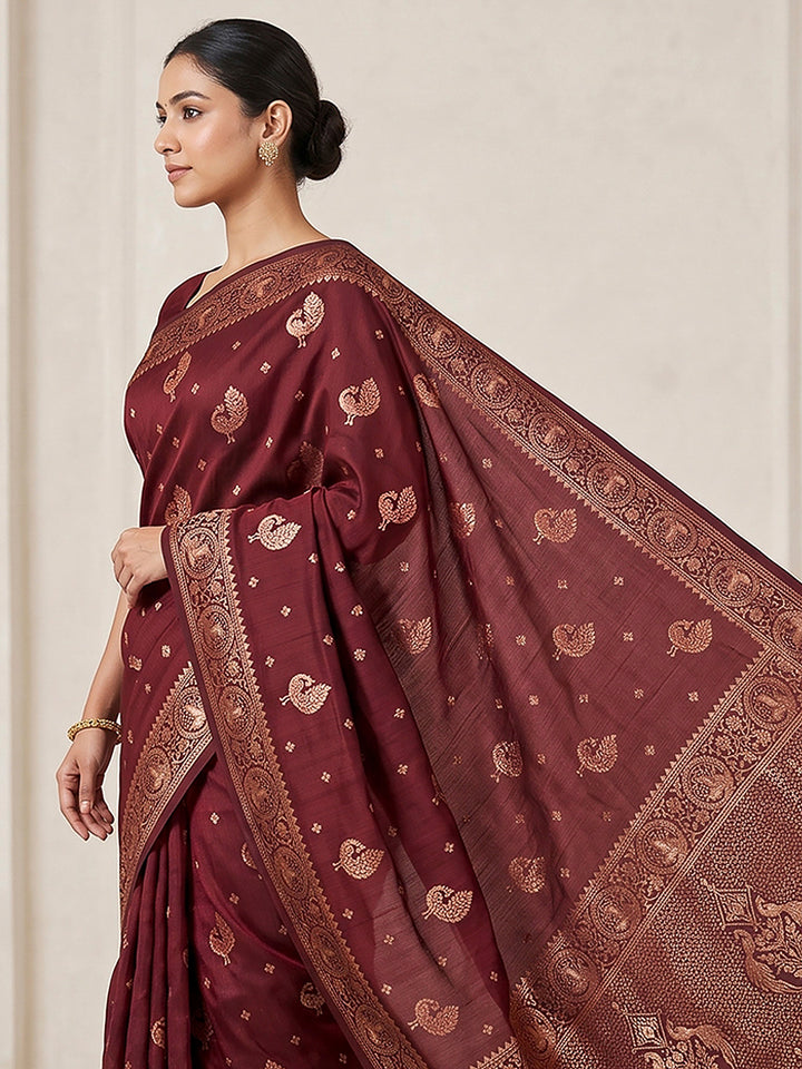 Maroon Woven Design Dola Silk Saree
