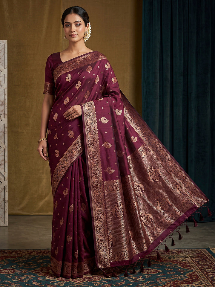 Wine Woven Design Dola Silk Saree