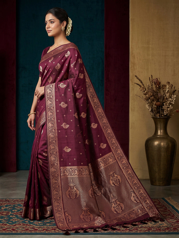Wine Woven Design Dola Silk Saree