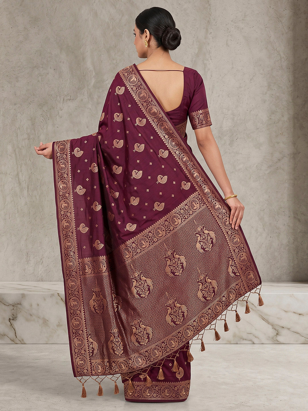 Wine Woven Design Dola Silk Saree