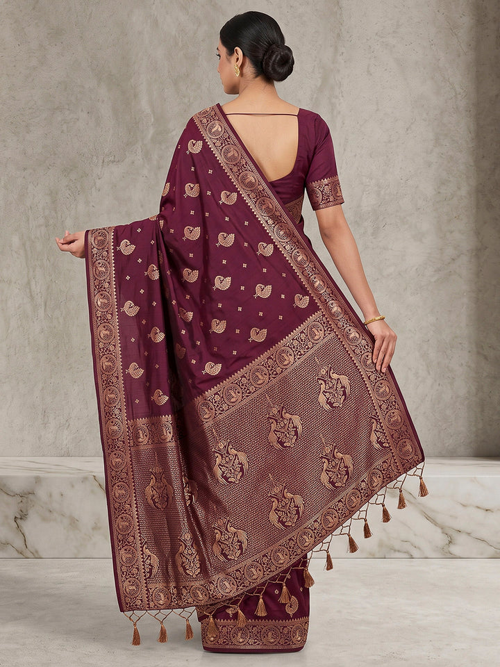 Wine Woven Design Dola Silk Saree