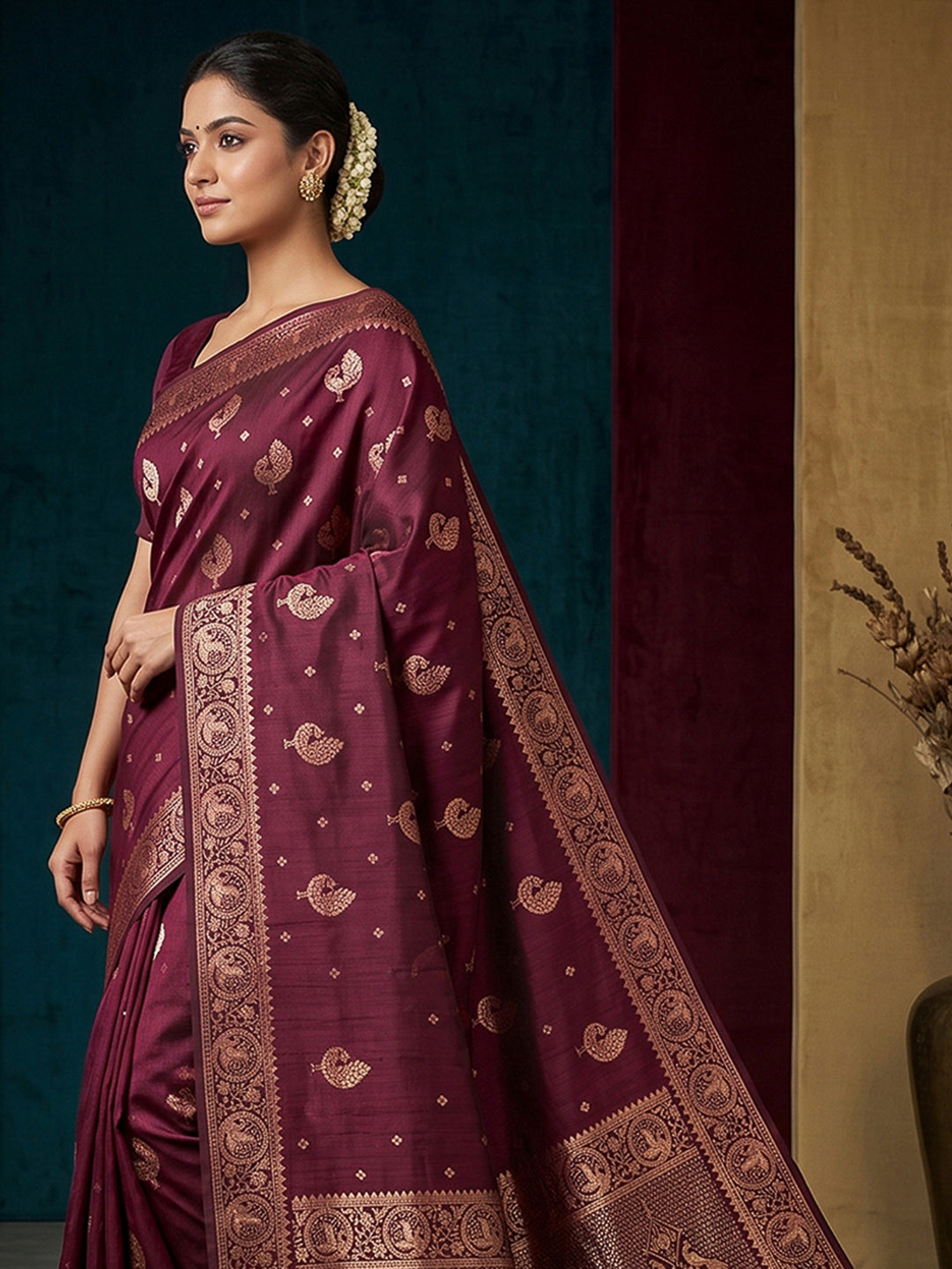Wine Woven Design Dola Silk Saree