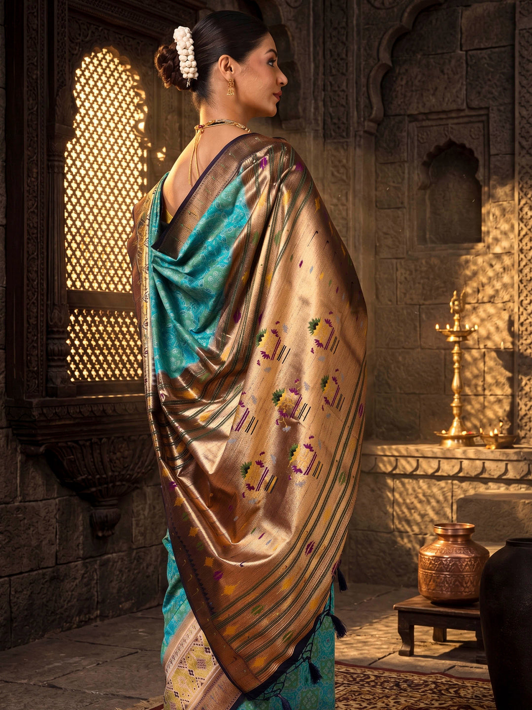 Dark Blue Navy Woven Design Dola Silk Saree