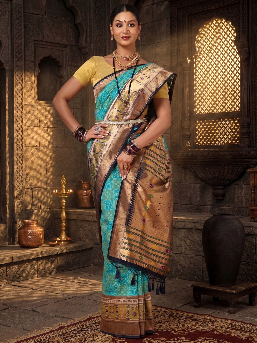 Dark Blue Navy Woven Design Dola Silk Saree