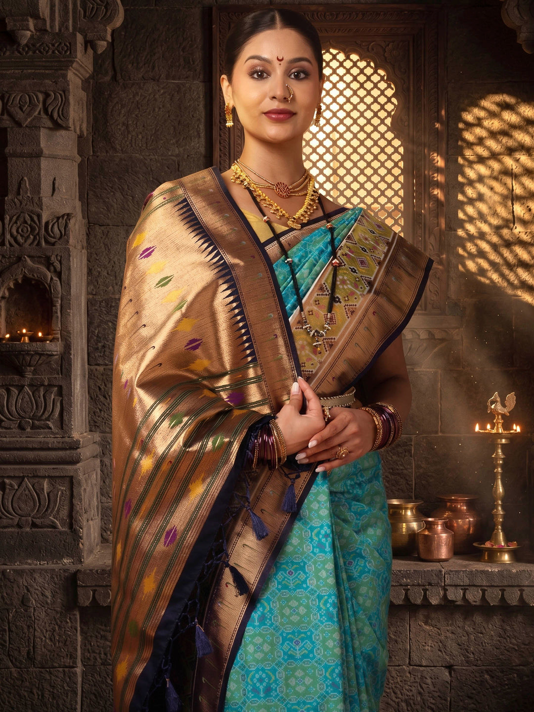 Dark Blue Navy Woven Design Dola Silk Saree