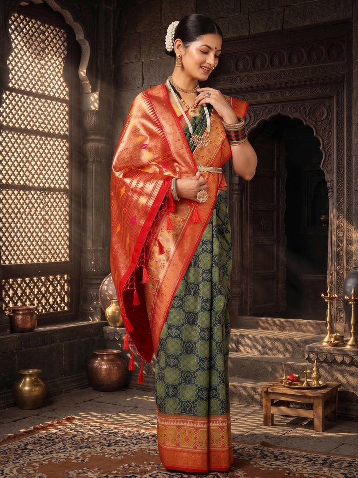 Dark Green Gold Woven Design Dola Silk Saree