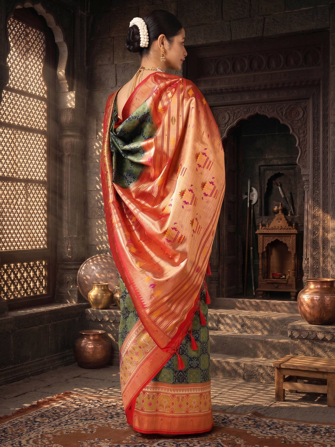 Dark Green Gold Woven Design Dola Silk Saree