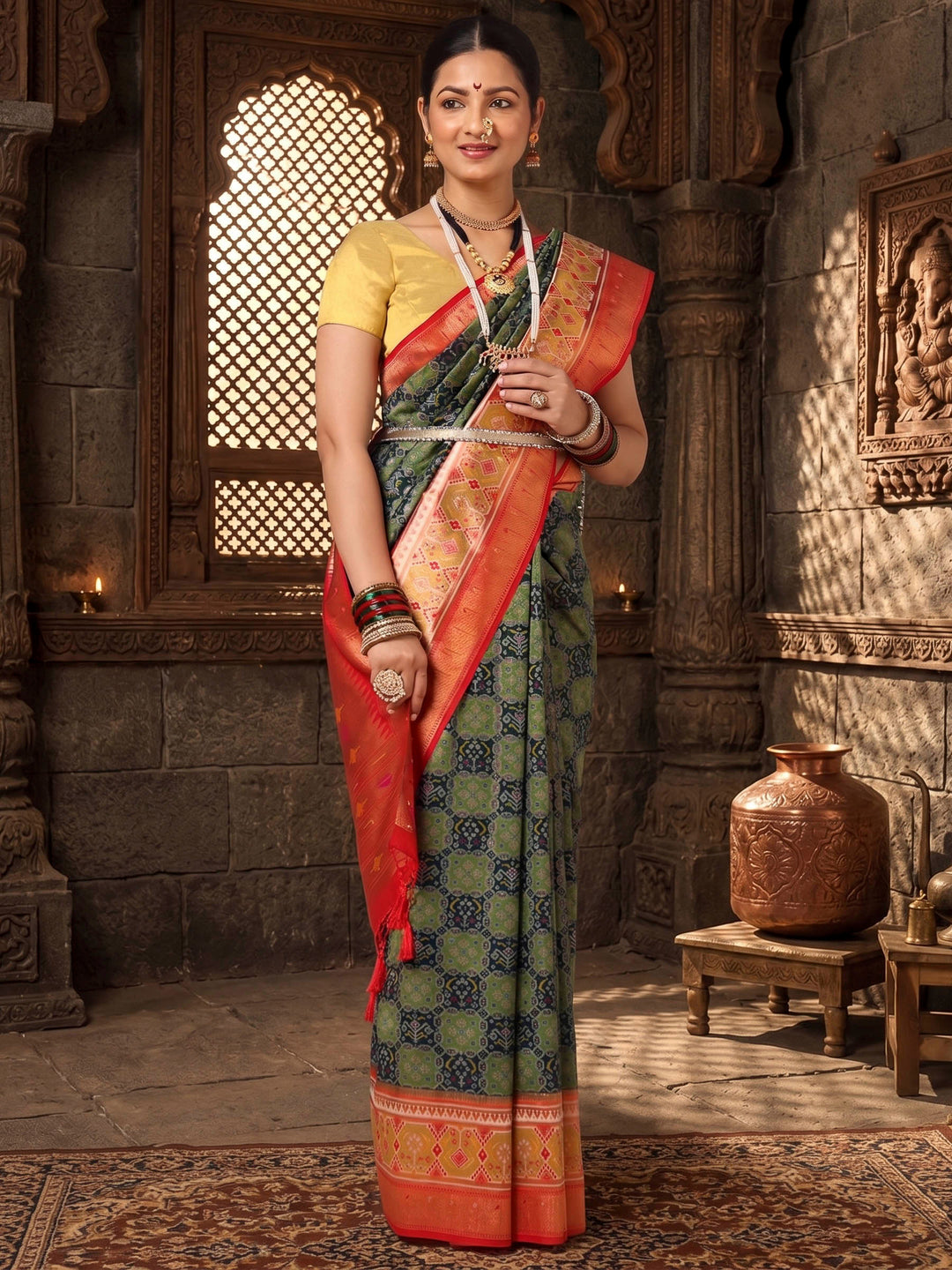 Dark Green Gold Woven Design Dola Silk Saree