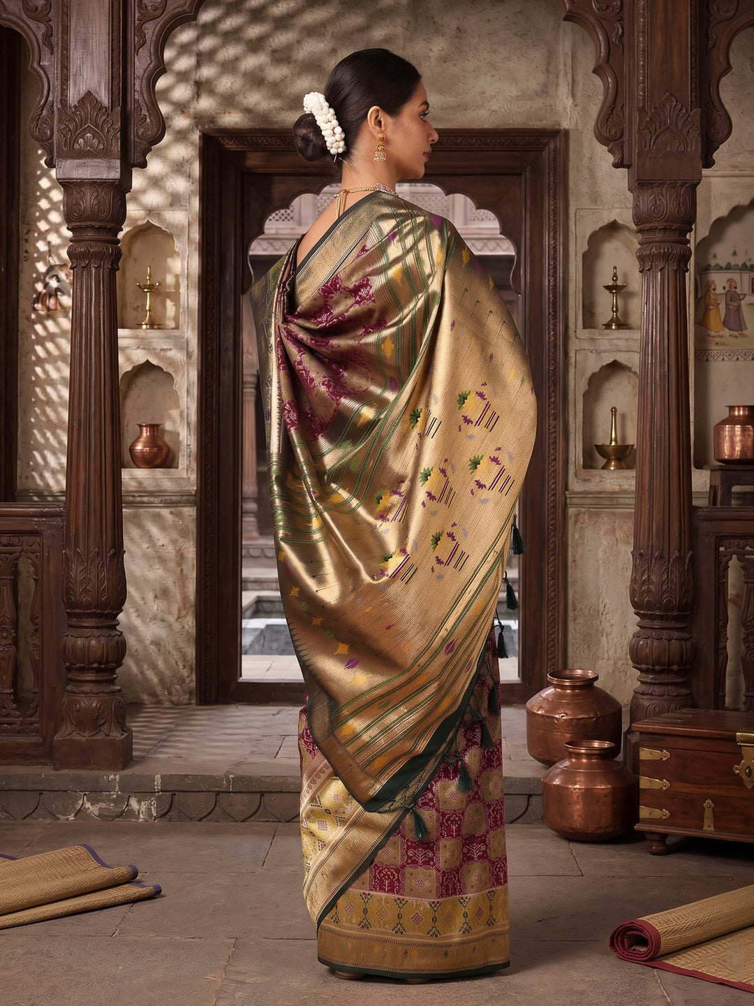 Wine Dark Green Woven Design Dola Silk Saree