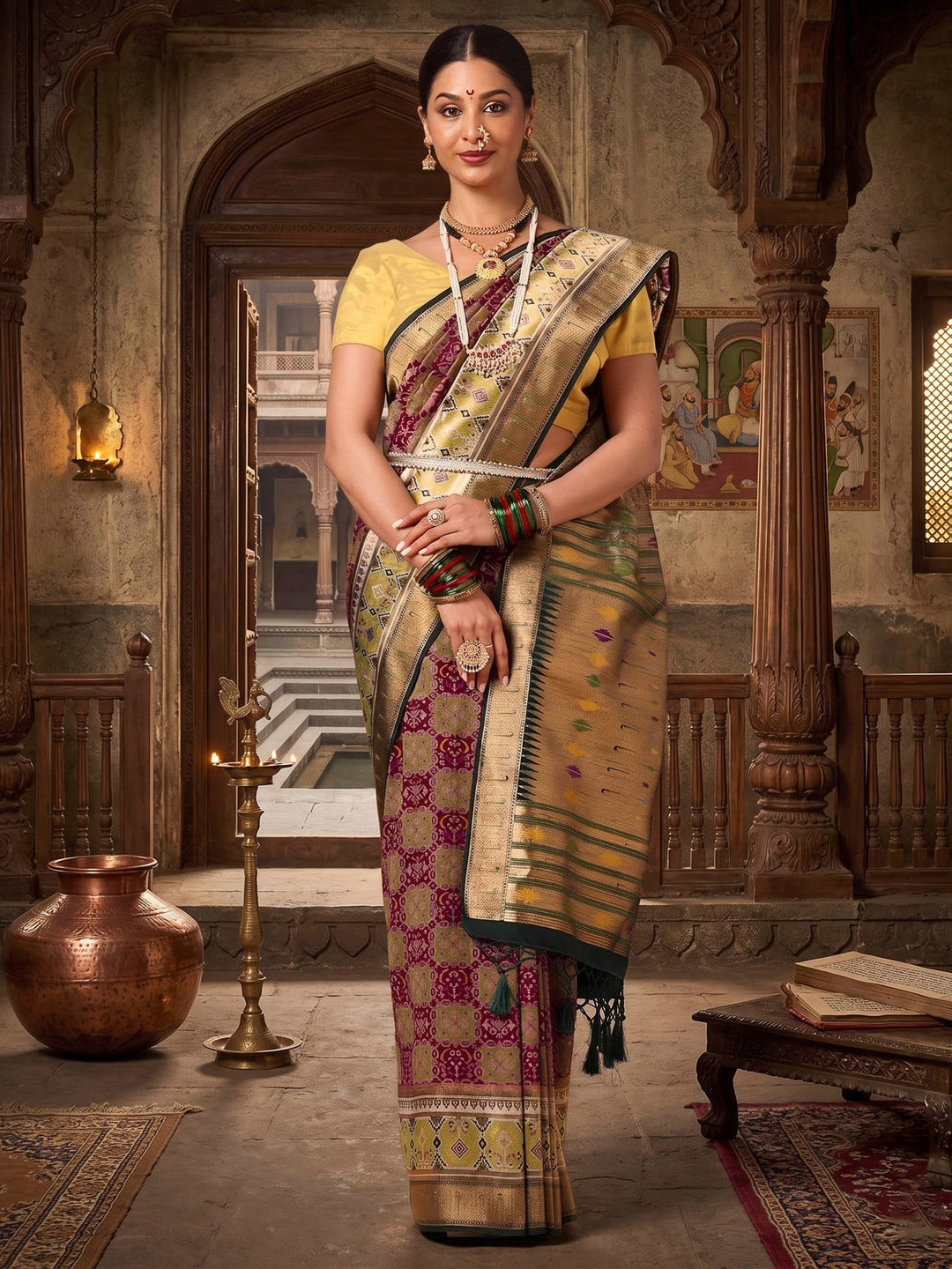 Wine Dark Green Woven Design Dola Silk Saree