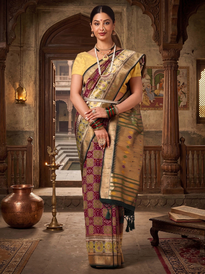Wine Dark Green Woven Design Dola Silk Saree