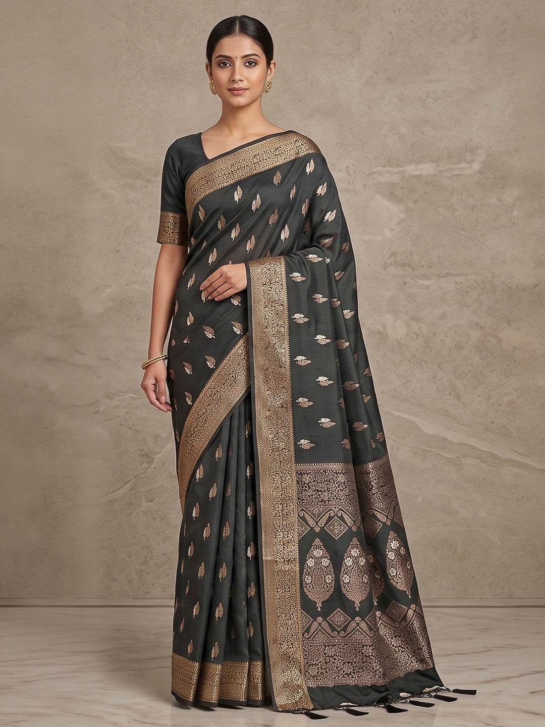 Black Woven Design Dola Silk Saree