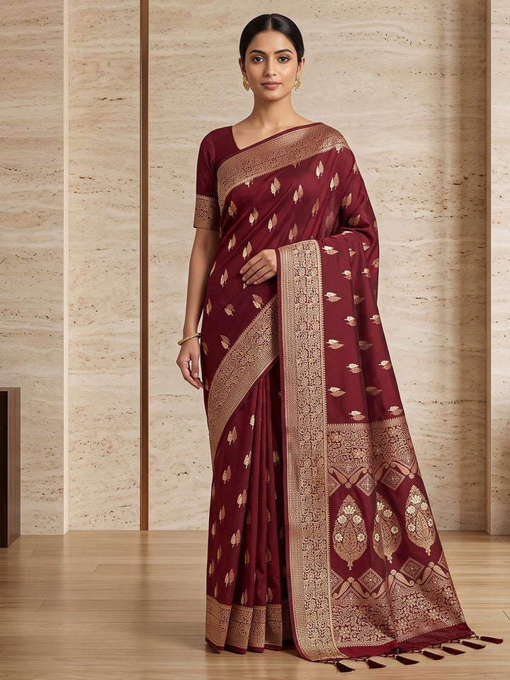 Maroon Woven Design Dola Silk Saree
