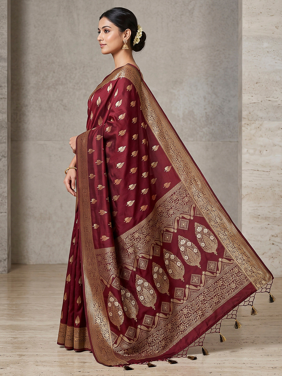 Maroon Woven Design Dola Silk Saree