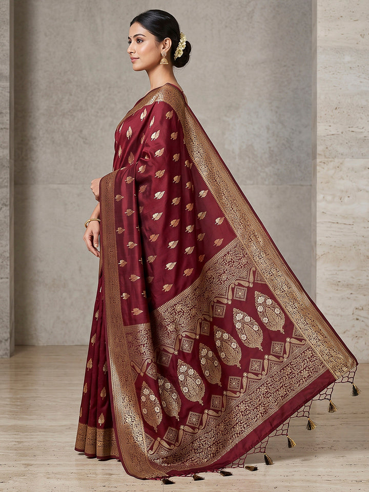 Maroon Woven Design Dola Silk Saree