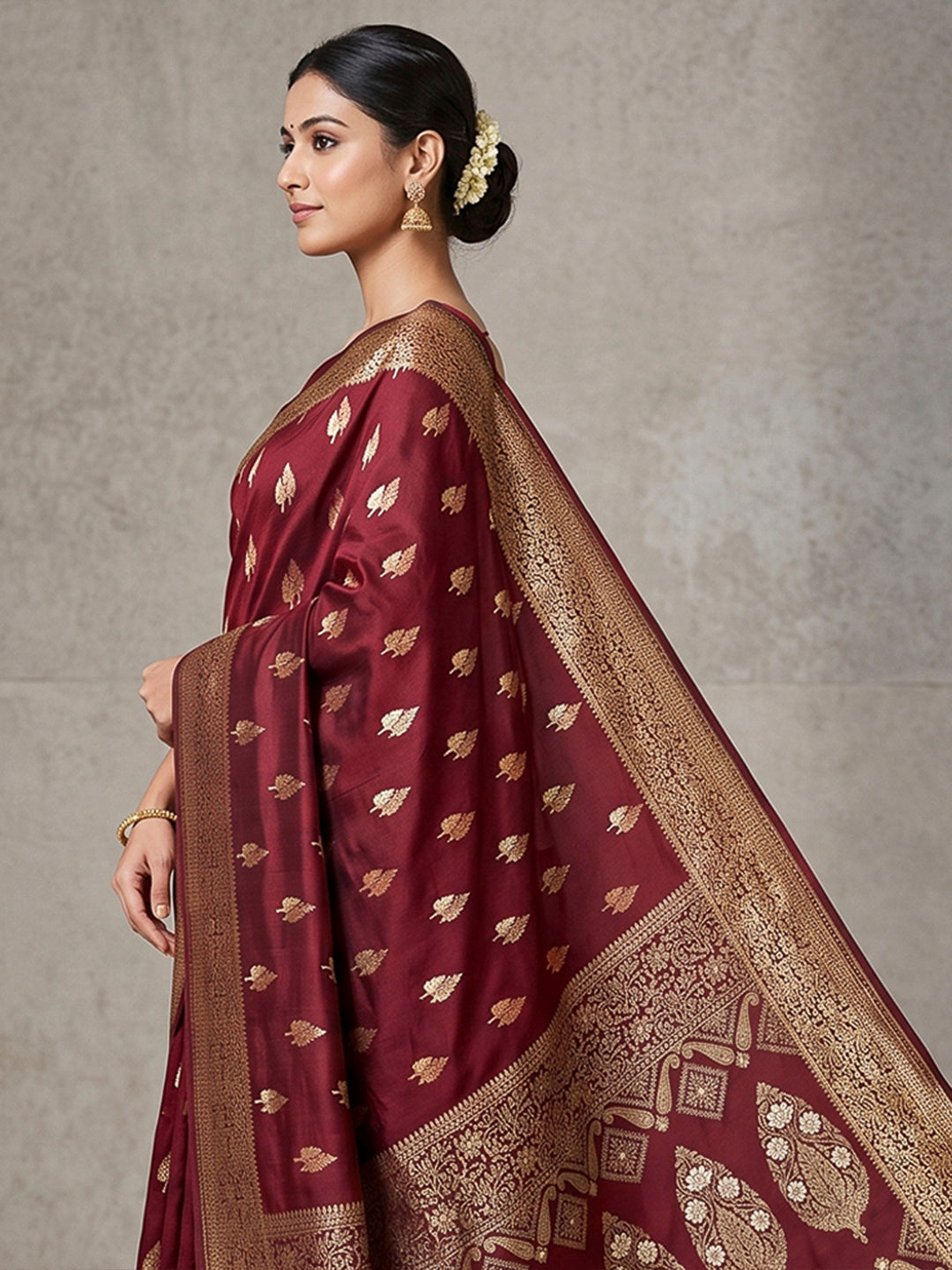 Maroon Woven Design Dola Silk Saree