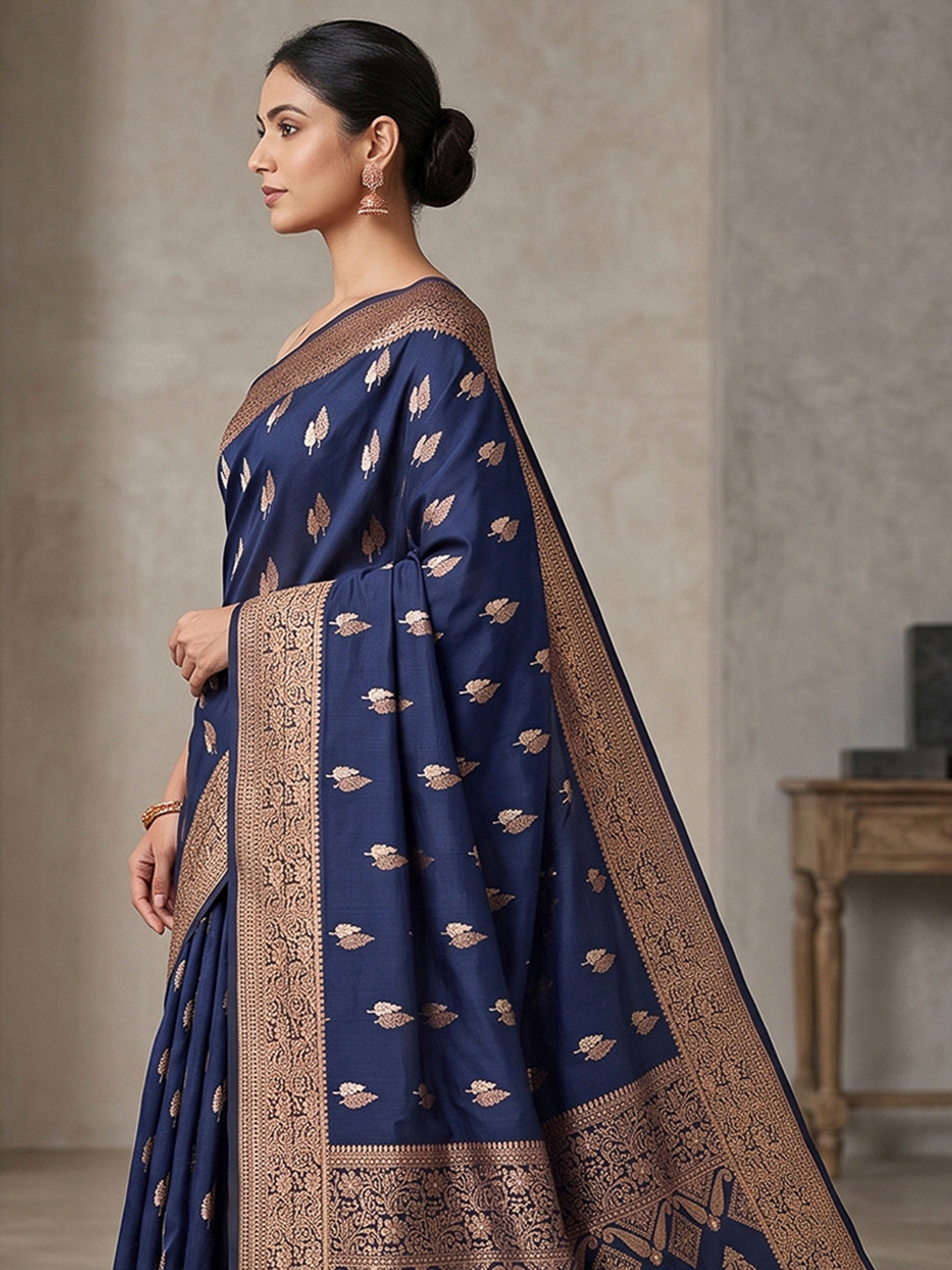 Navy Blue Woven Design Dola Silk Saree
