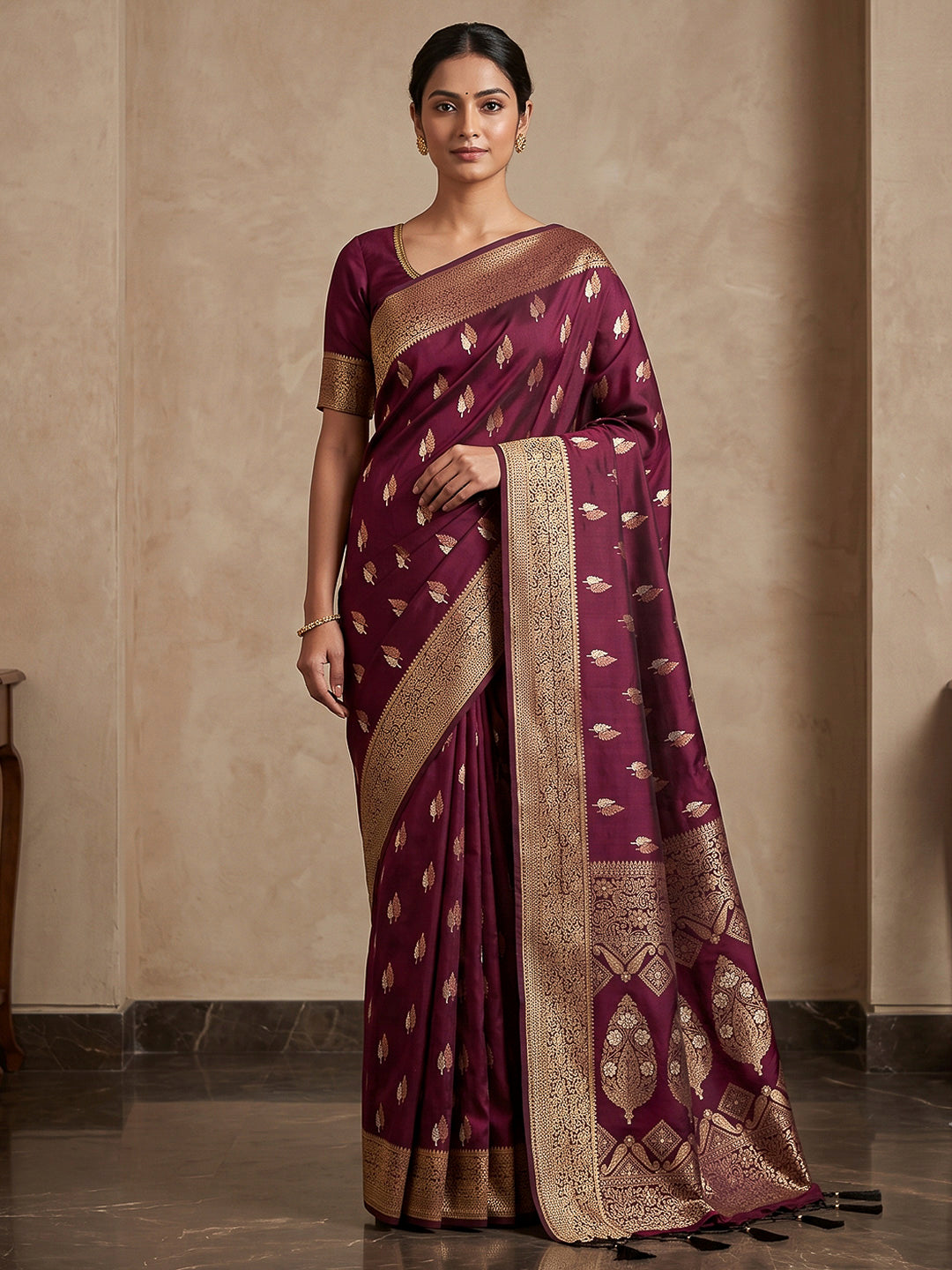 Wine Woven Design Dola Silk Saree