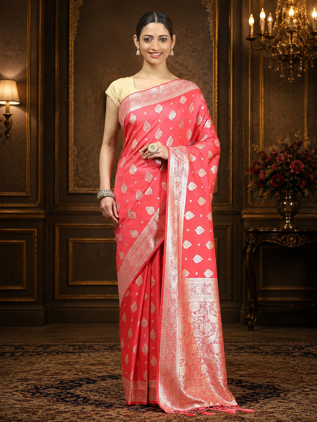 Peach Woven Design Art Silk Saree