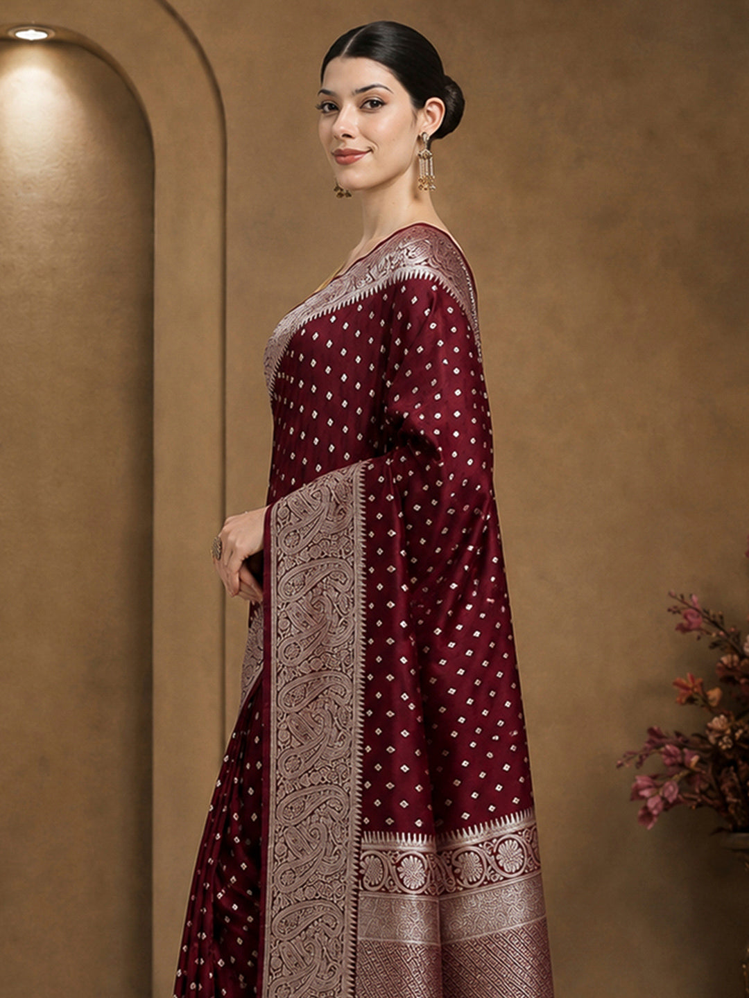 Wine Woven Design Dola Silk Saree