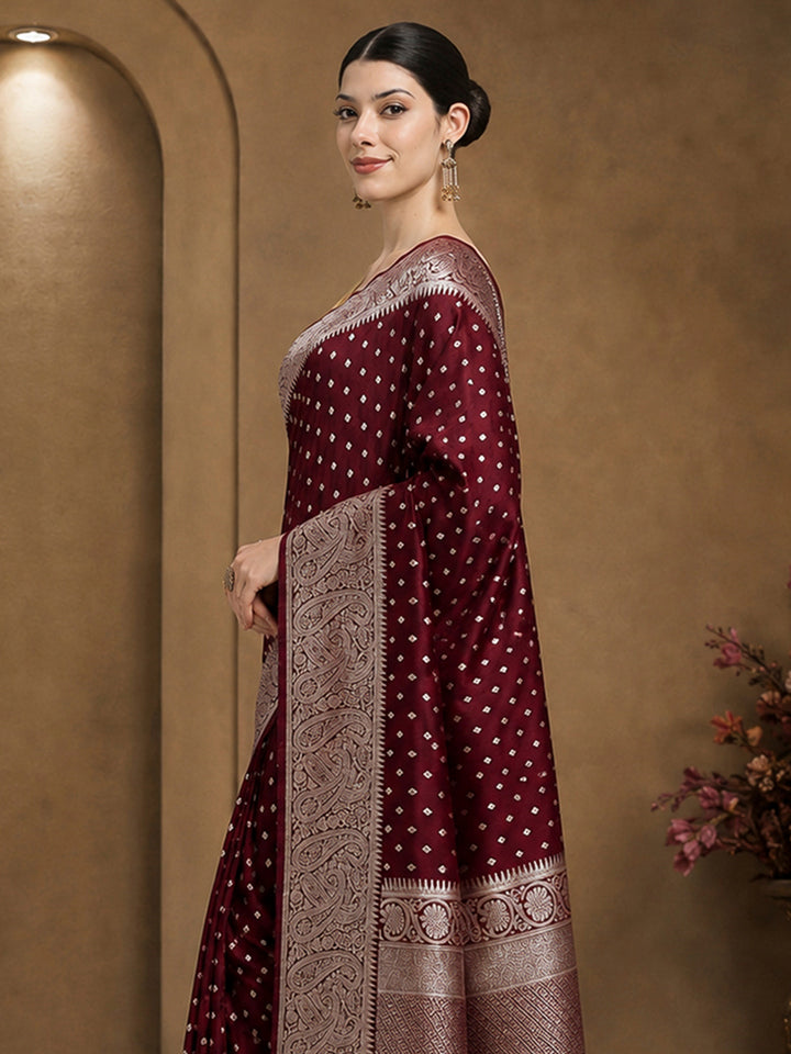 Wine Woven Design Dola Silk Saree