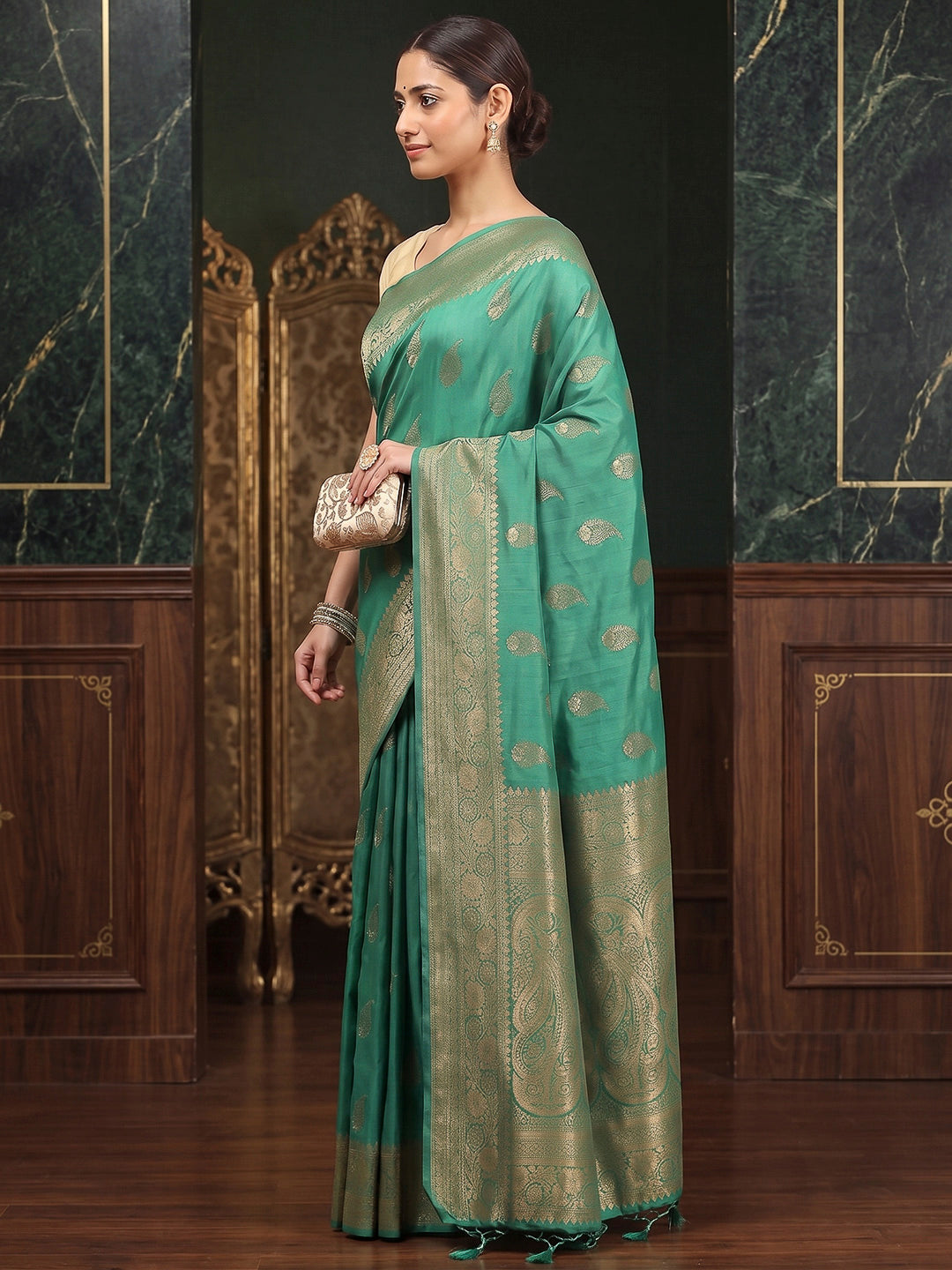 Rama Green Woven Design Dola Silk Saree