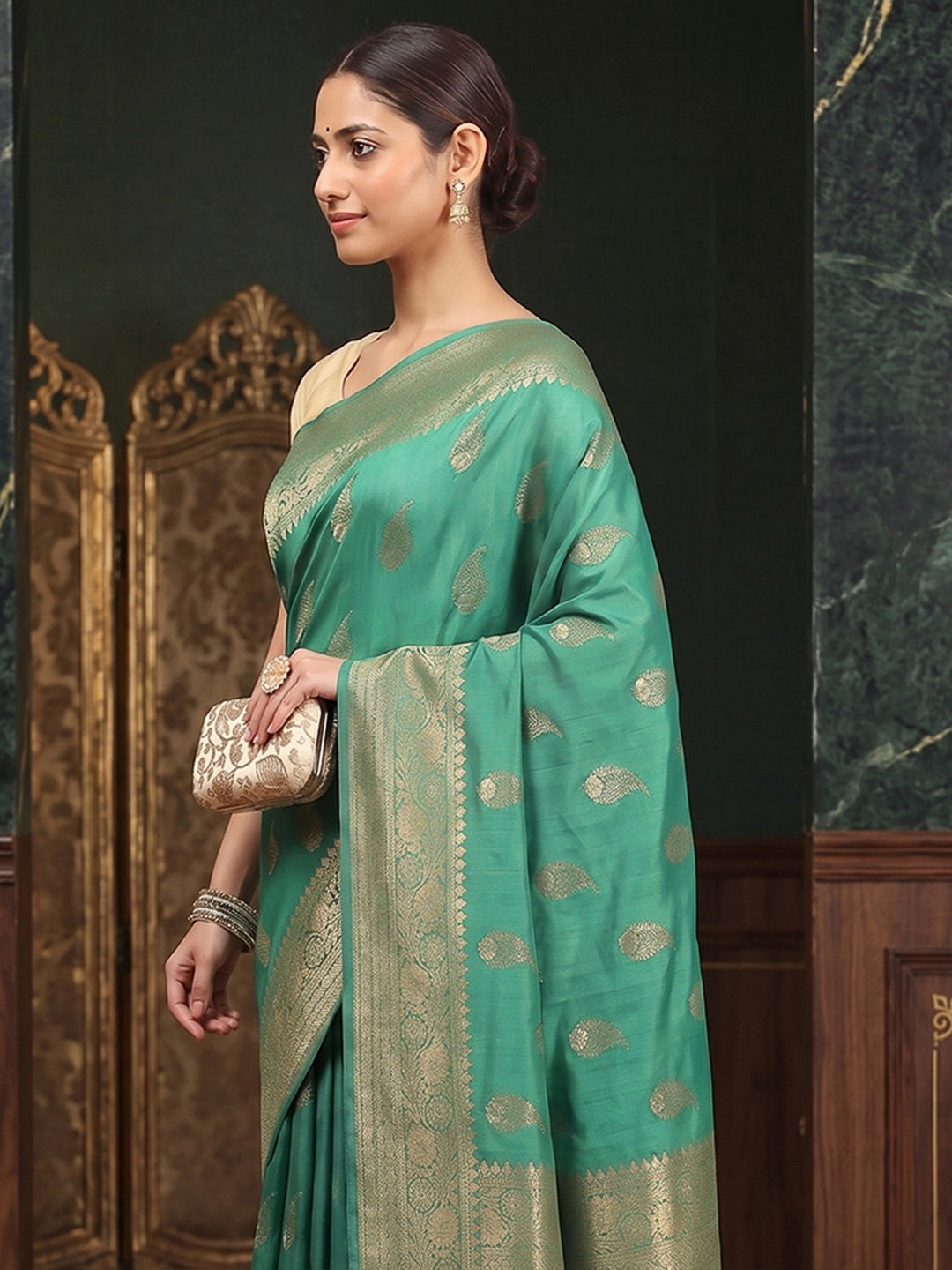Rama Green Woven Design Dola Silk Saree
