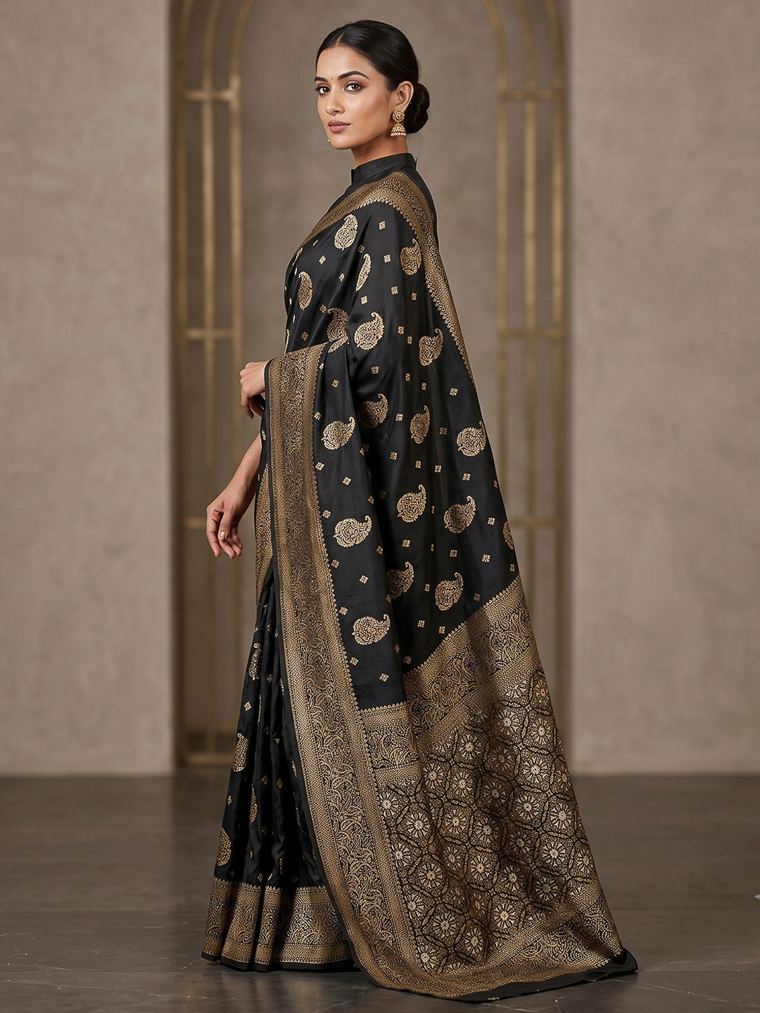 Black Woven Design Dola Silk Saree