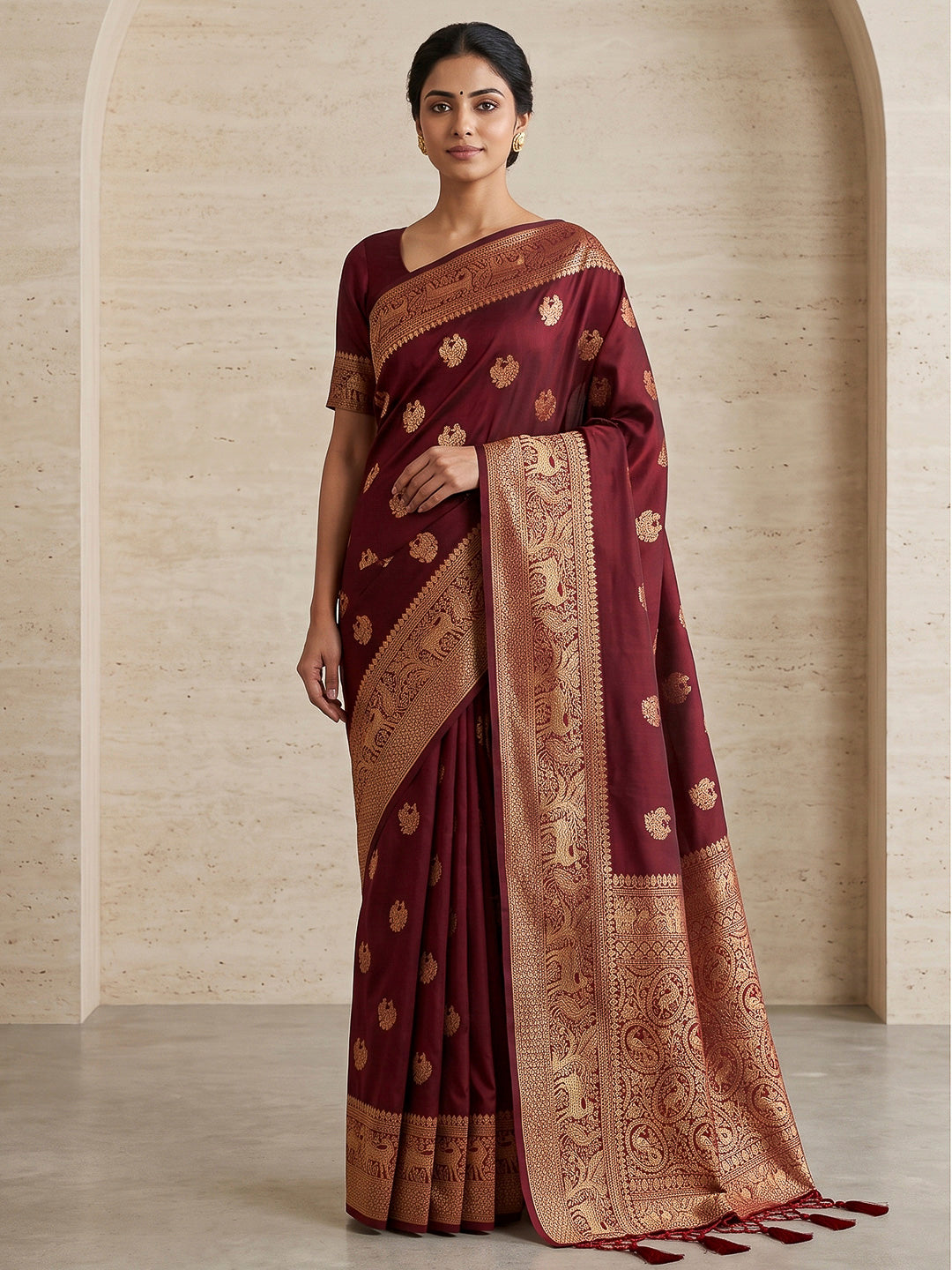 Maroon Woven Design Dola Silk Saree