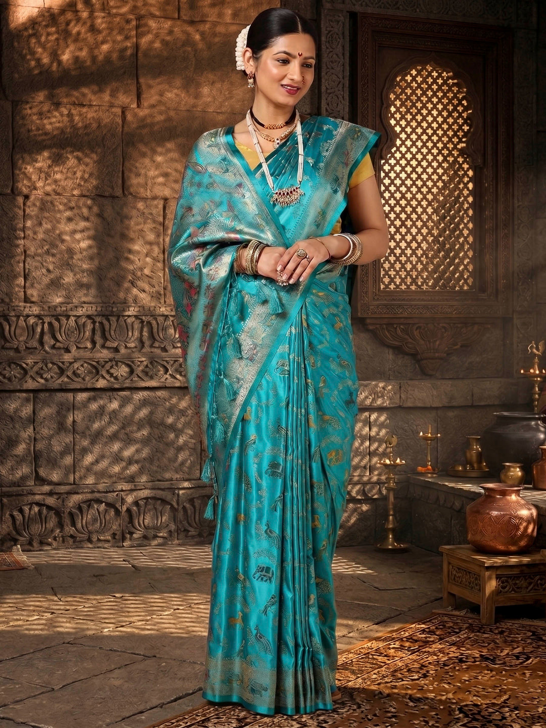 Dark Blue Woven Design Satin Saree