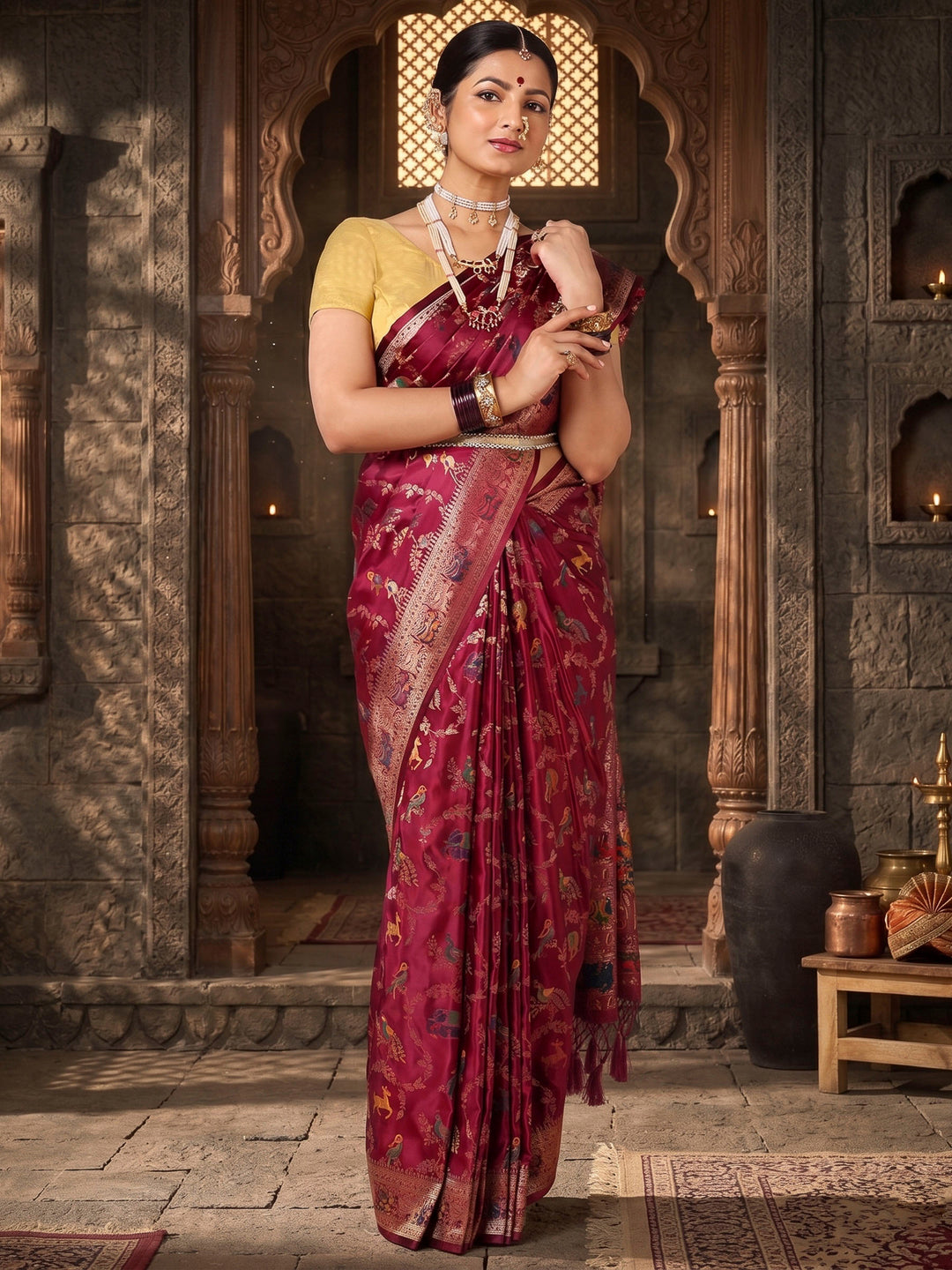 Maroon Woven Design Satin Saree