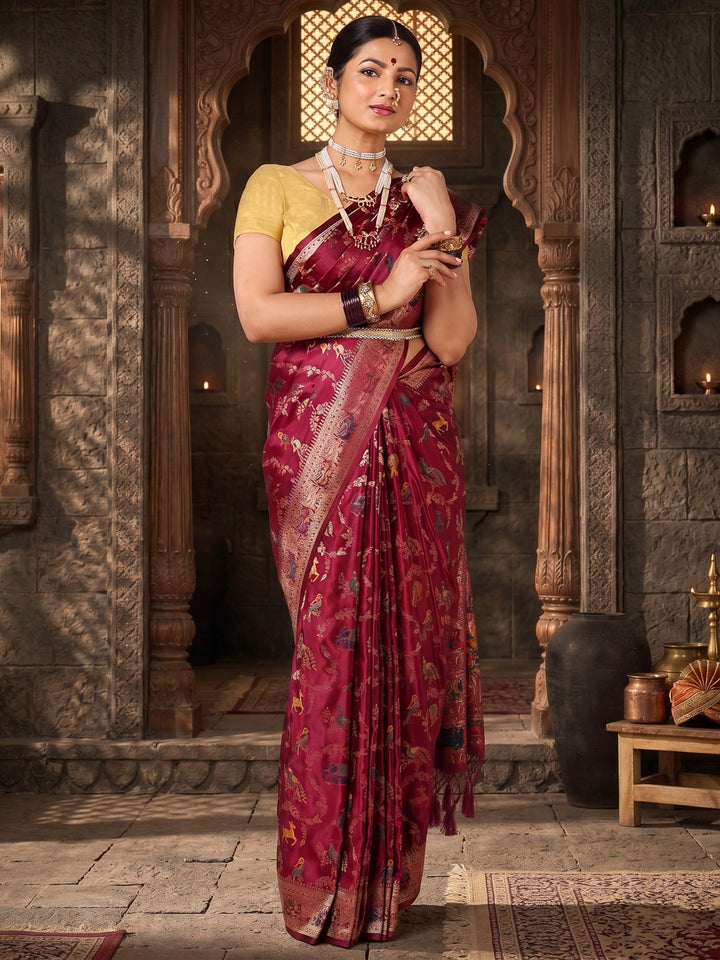 Maroon Woven Design Satin Saree