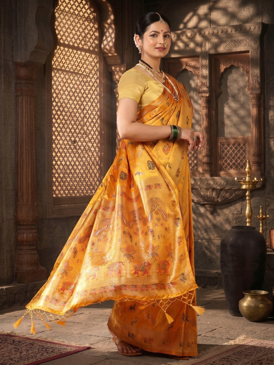 Mustard Woven Design Satin Saree
