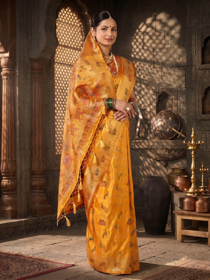 Mustard Woven Design Satin Saree