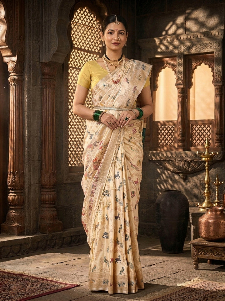Off White Woven Design Satin Saree