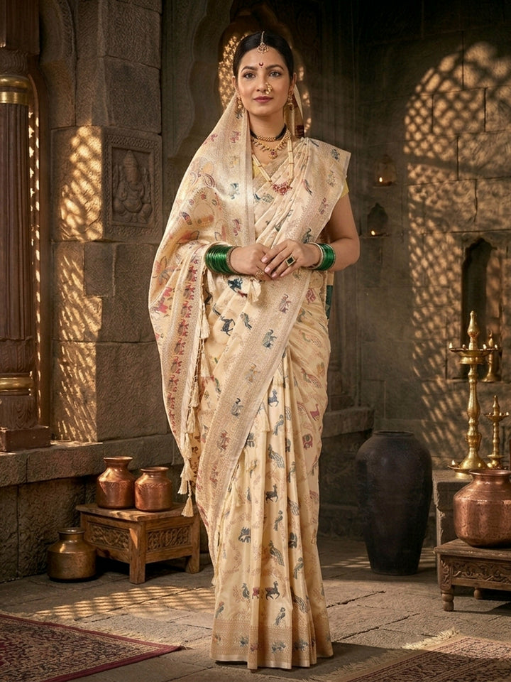 Off White Woven Design Satin Saree