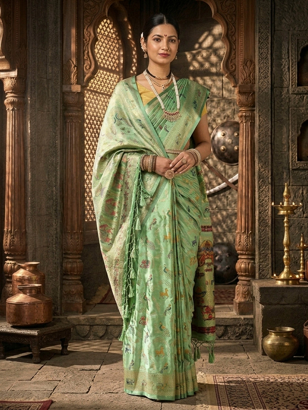 Pista Woven Design Satin Saree