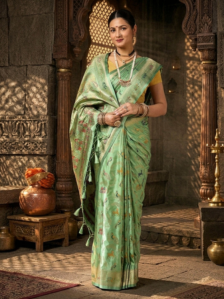 Pista Woven Design Satin Saree