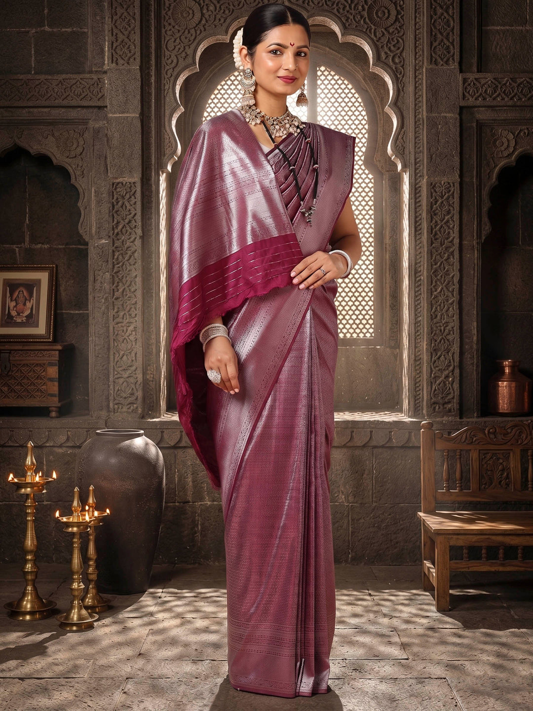 Wine Woven Design Kanjivaram Brocade Saree