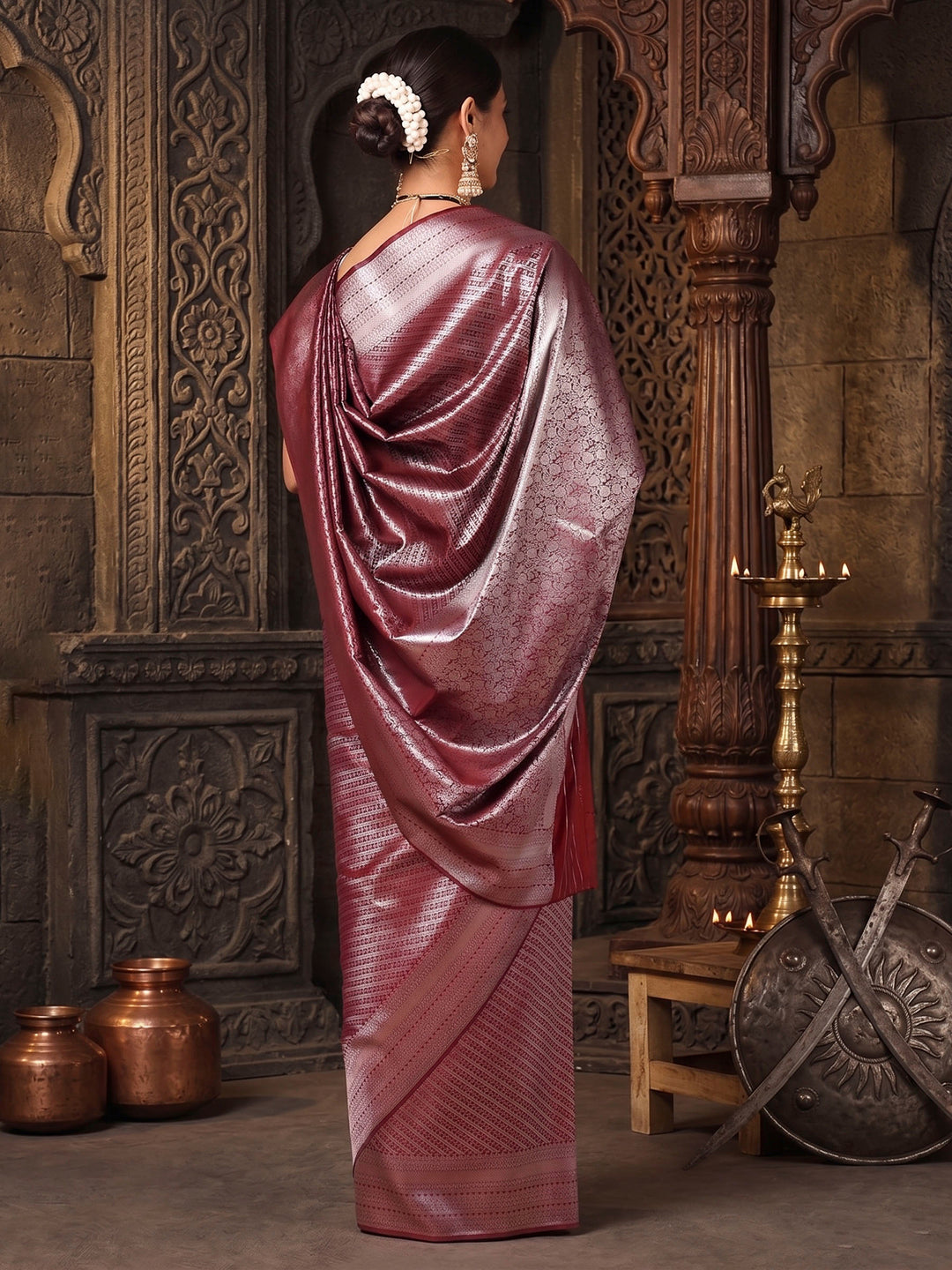 Wine Woven Design Kanjivaram Brocade Saree