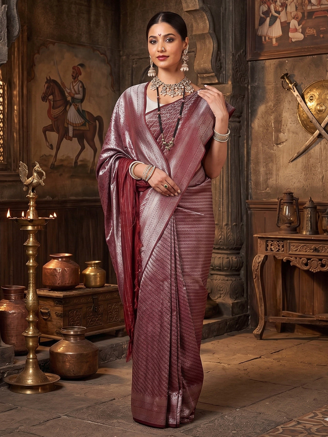 Wine Woven Design Kanjivaram Brocade Saree