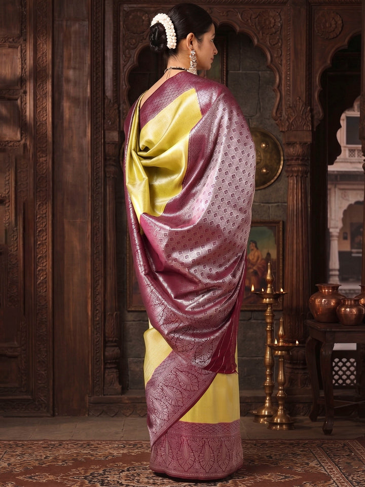 Olive Wine Woven Design Kanjivaram Brocade Contrast Saree