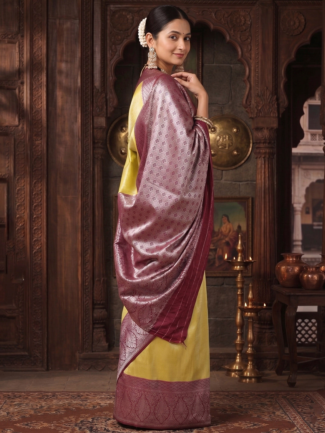 Olive Wine Woven Design Kanjivaram Brocade Contrast Saree