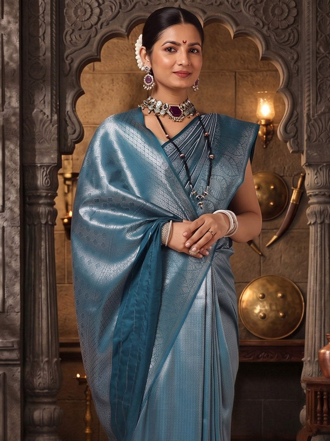 Dark Blue Woven Design Kanjivaram Brocade Saree