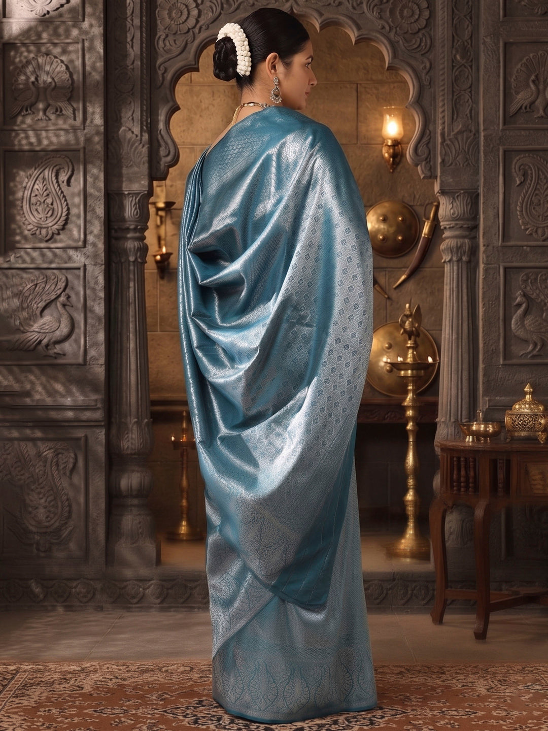 Dark Blue Woven Design Kanjivaram Brocade Saree