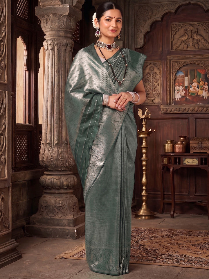 Dark Green Woven Design Kanjivaram Brocade Saree