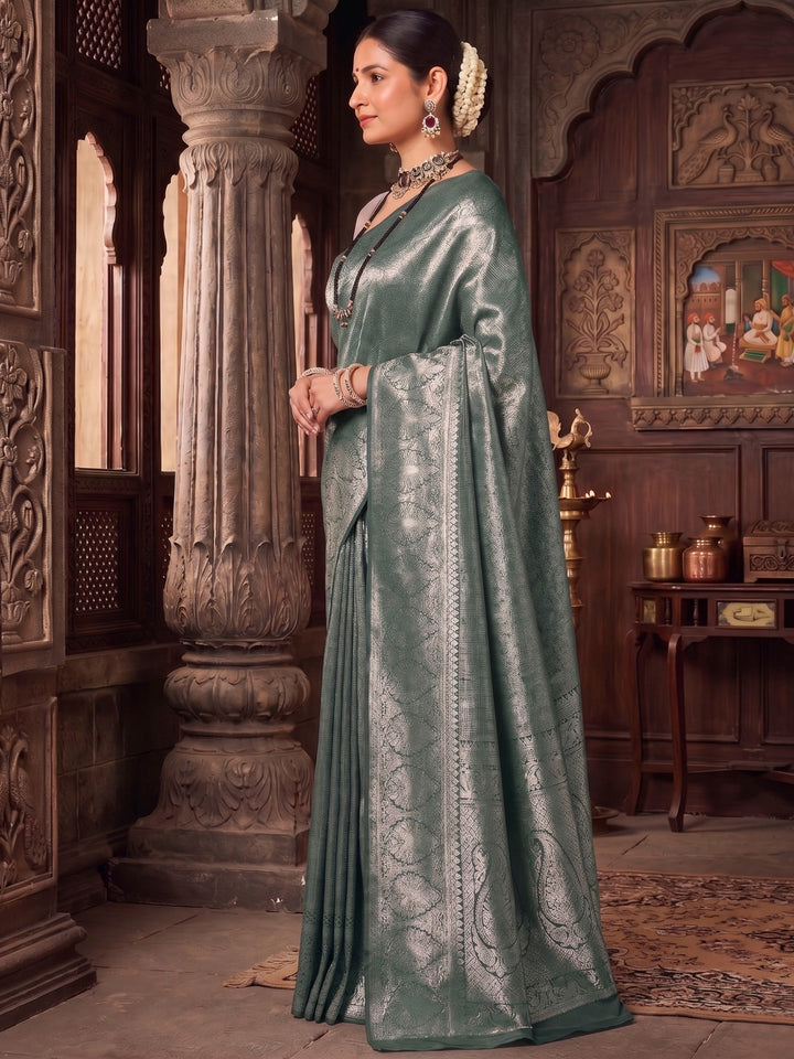 Dark Green Woven Design Kanjivaram Brocade Saree