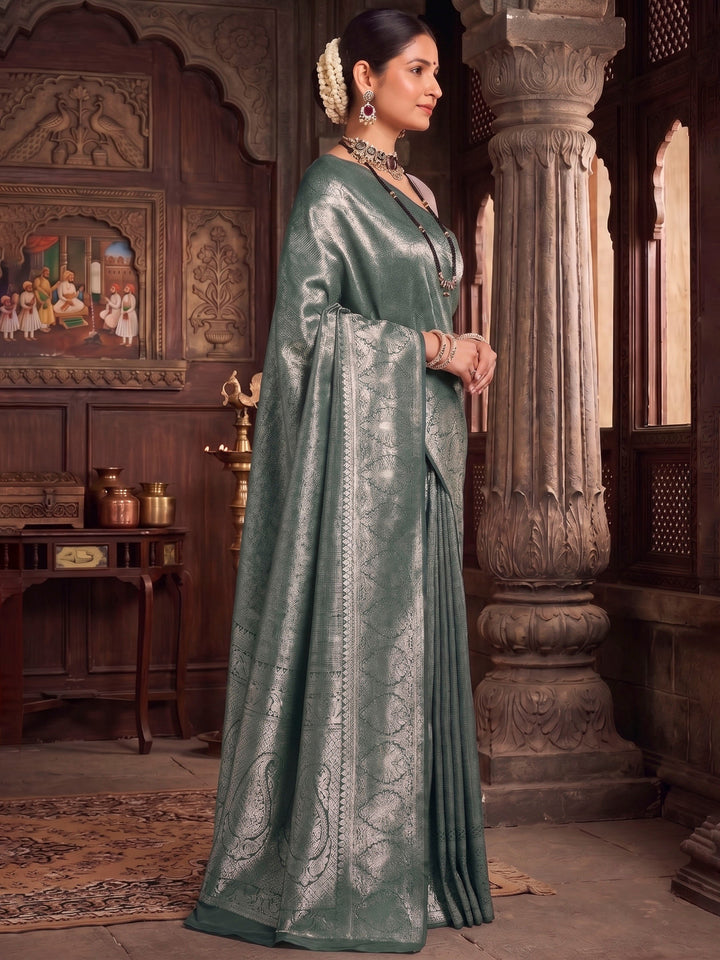 Dark Green Woven Design Kanjivaram Brocade Saree