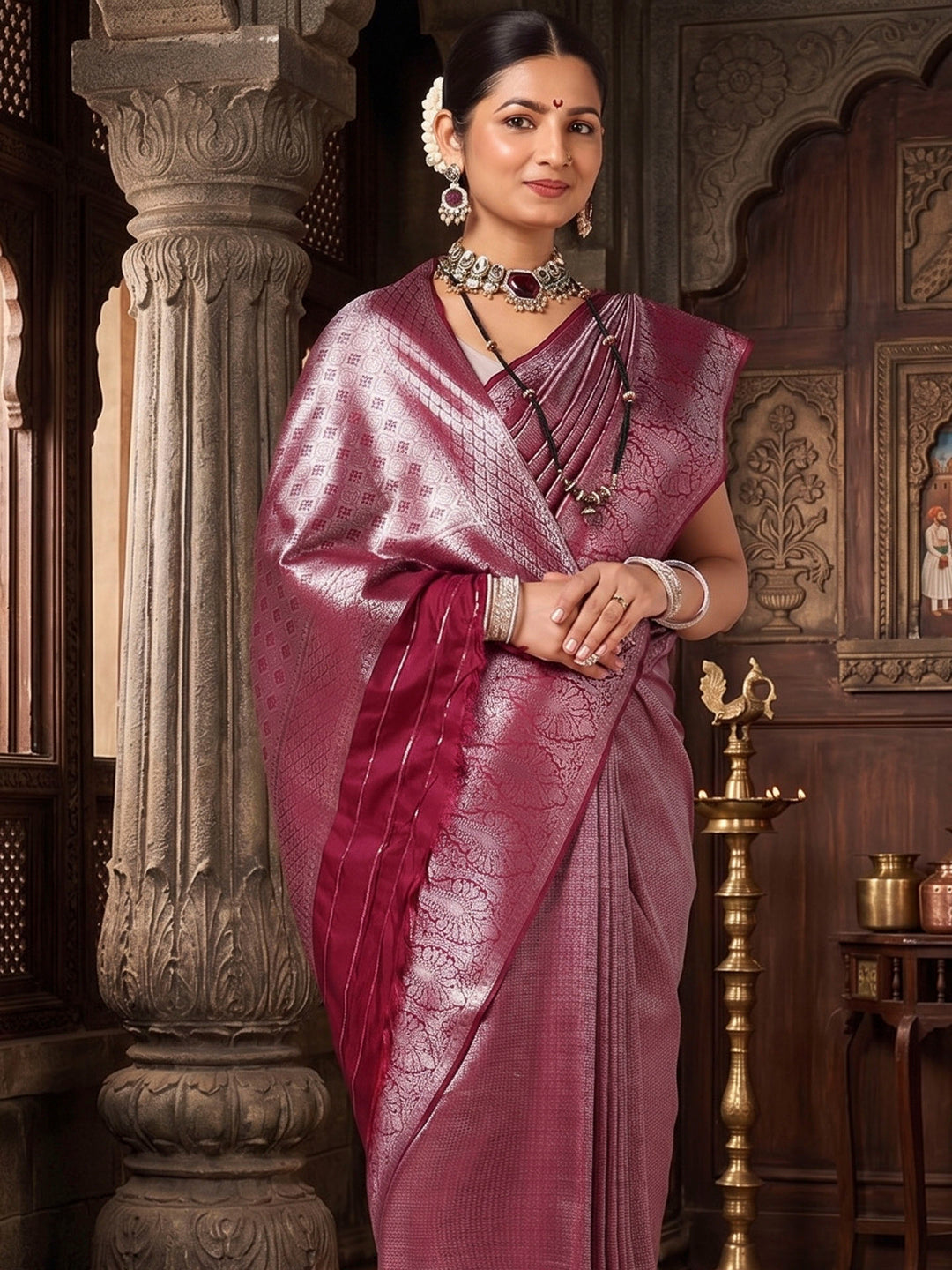 Wine Woven Design Kanjivaram Brocade Saree