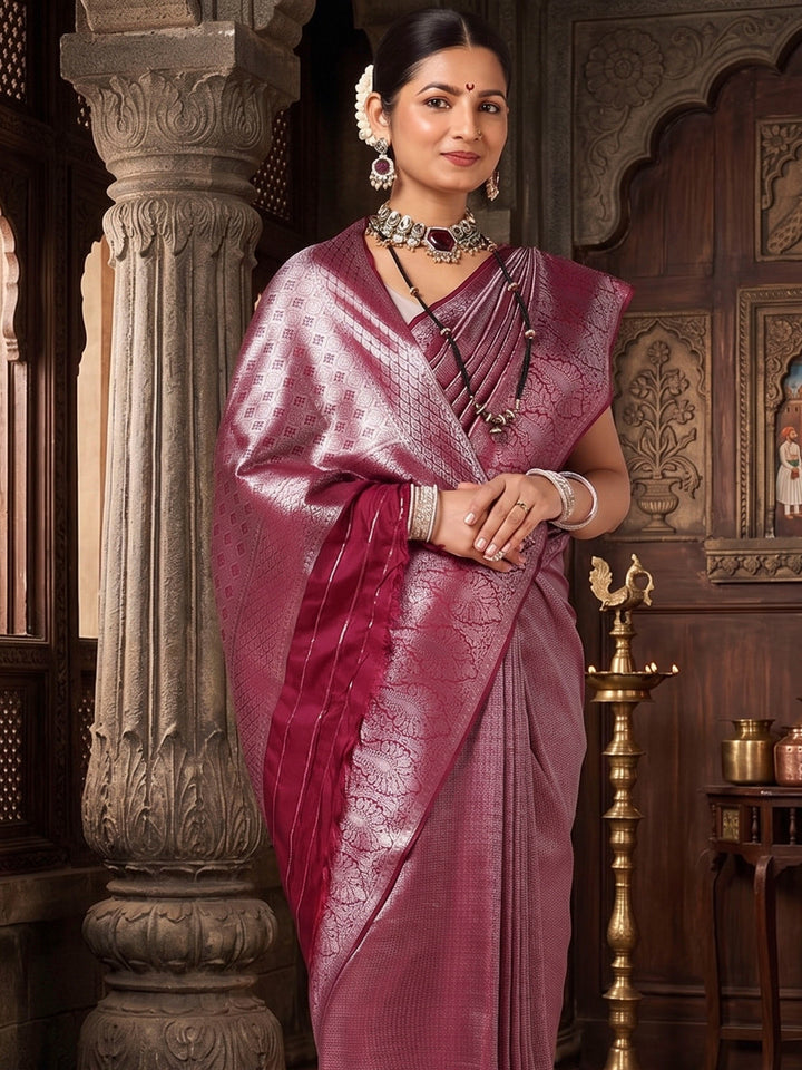 Wine Woven Design Kanjivaram Brocade Saree